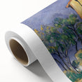 Art deco poster of a vibrant cityscape on rolled canvas, featuring rich blues and golds.