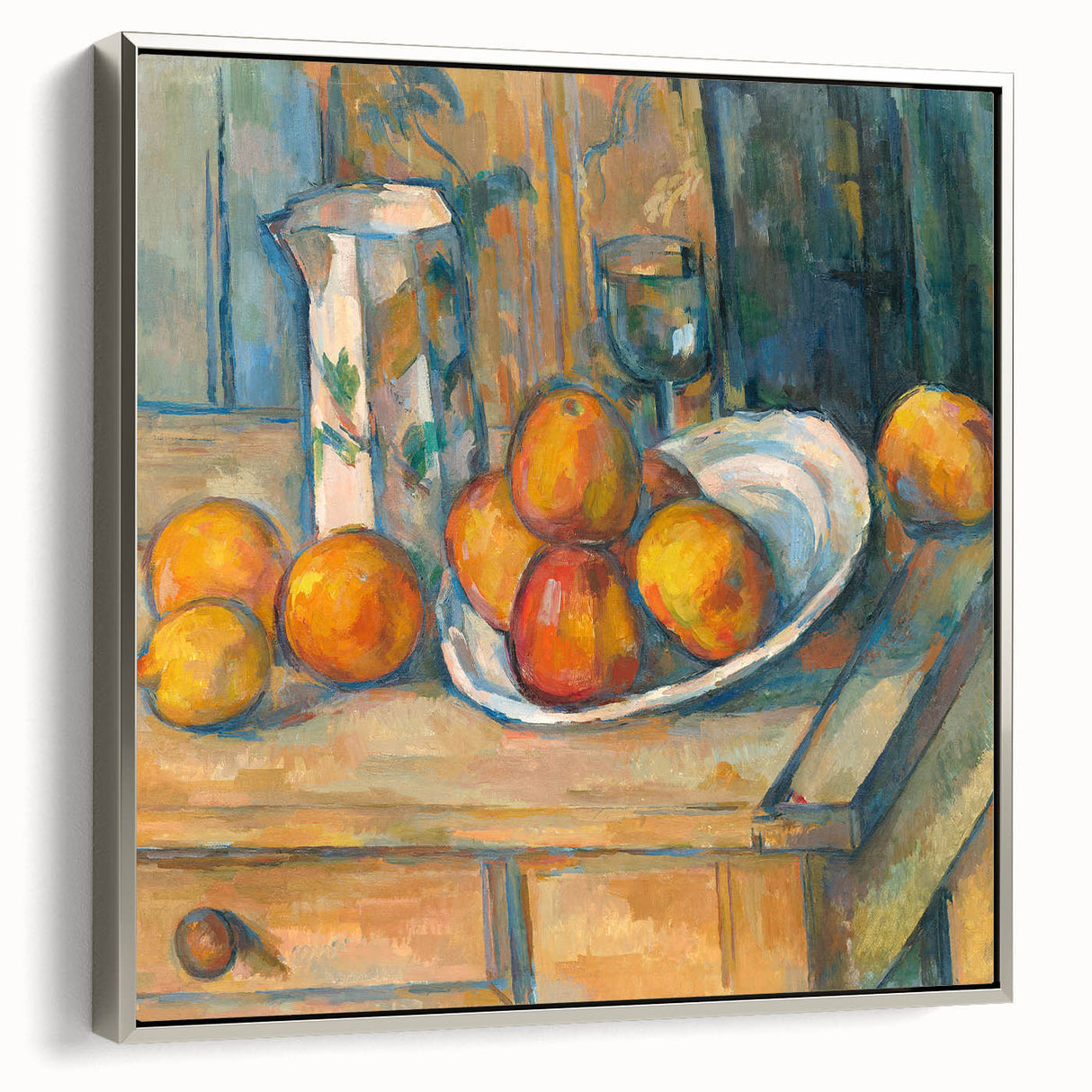 Framed canvas featuring a vintage poster art style landscape painting with vibrant, colorful elements and a black background.
