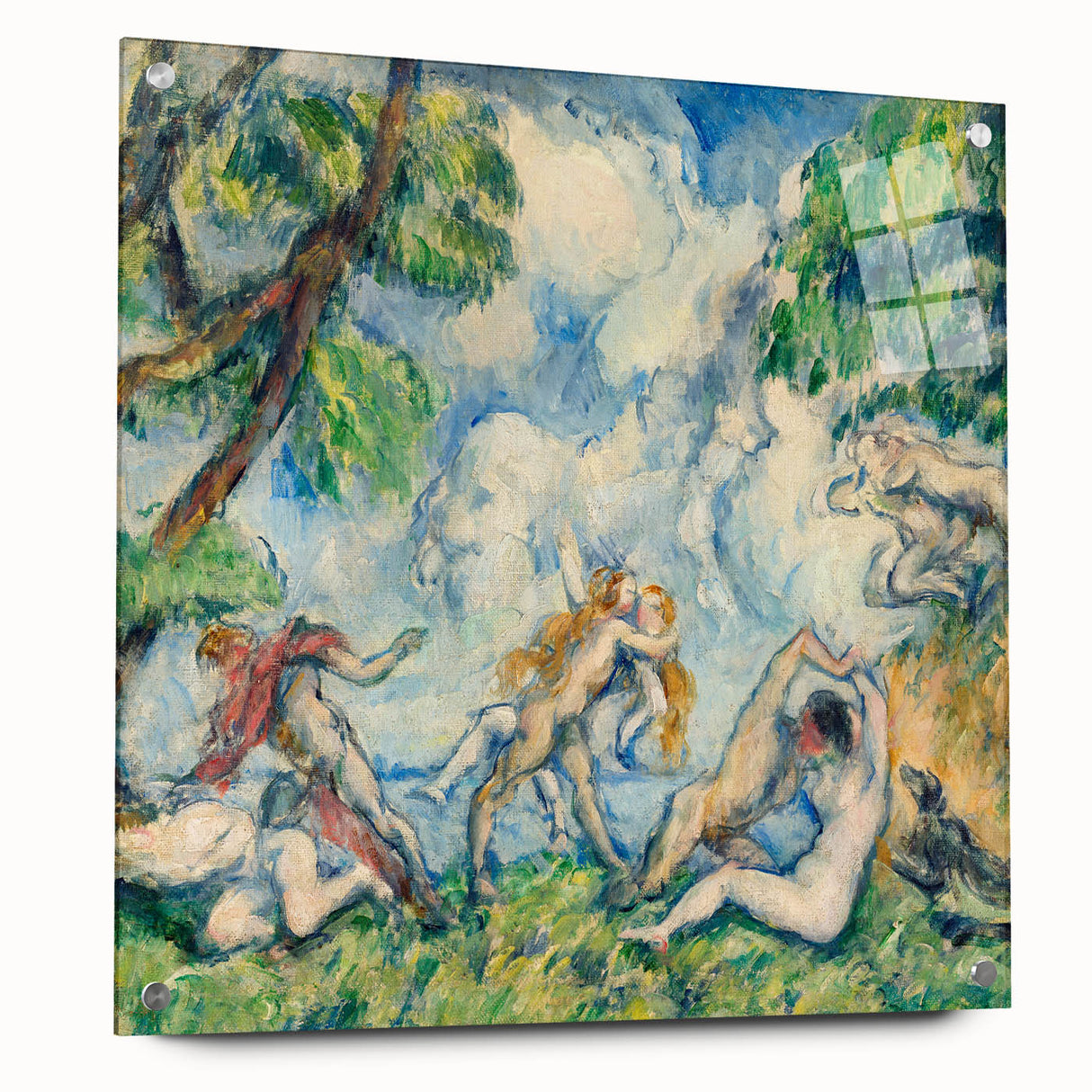 Acrylic print of Paul Cézanne's abstract landscape in muted greens and blues, ideal for bedroom or dining room decor.