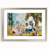 Textured abstract art print of a Paul Cézanne design in a silver frame, featuring earthy green and blue tones.