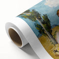 Art deco poster of a pastoral landscape on rolled canvas, featuring soft green and blue tones, ideal for nursery wall art.