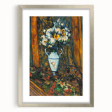 Textured art print of an abstract landscape by Paul Cézanne in silver frame, featuring muted earth tones.
