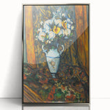 Mid-century modernist art by Paul Cezanne, featuring a landscape in muted earth tones, framed in silver acrylic.