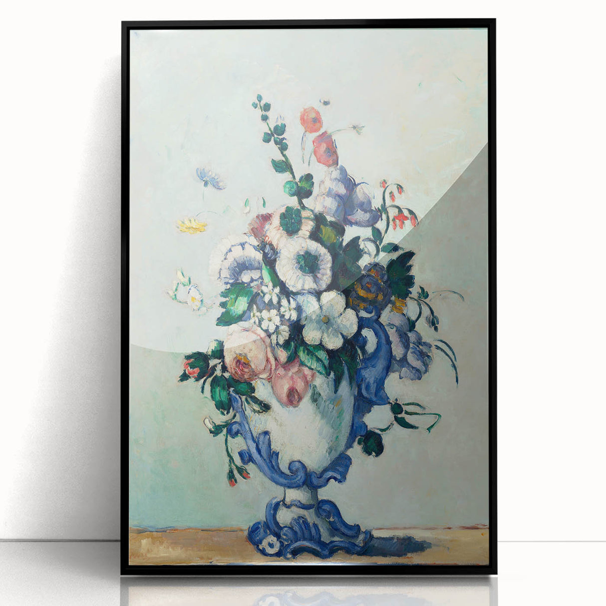 Large abstract wall art by Paul Cézanne, featuring mid-century modernist style in muted earth tones, framed in black acrylic.