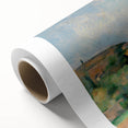 Art deco poster of a serene landscape on rolled canvas, in soft pastel shades, suitable for nursery wall art.