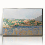 Mid-century modernist art by Paul Cezanne, featuring a still life in muted colors, framed in silver acrylic.