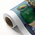 Art Deco poster of a serene landscape in muted green and blue tones on rolled canvas, ideal for nursery wall art.