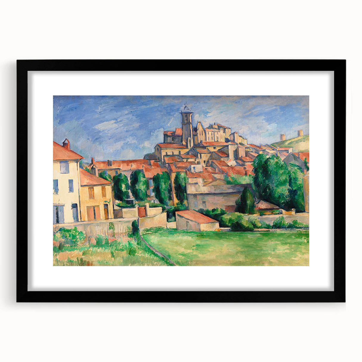 Extra large colorful abstract art print of a textured scene, framed in black, ideal for living room decor.