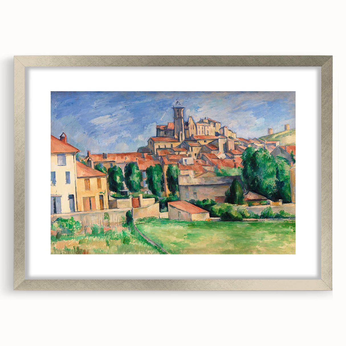 Textured abstract art print of a Paul Cézanne design in silver frame, featuring cool blue and green shades.