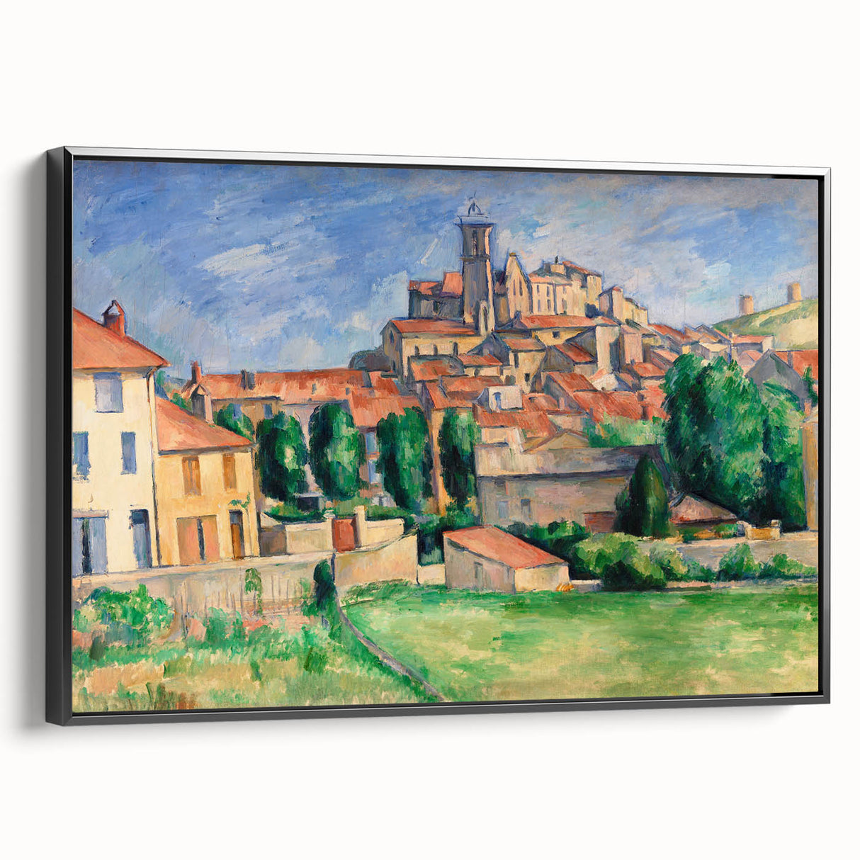 Black and white framed canvas of a vintage Paul Cézanne landscape, ideal for bedroom wall art.