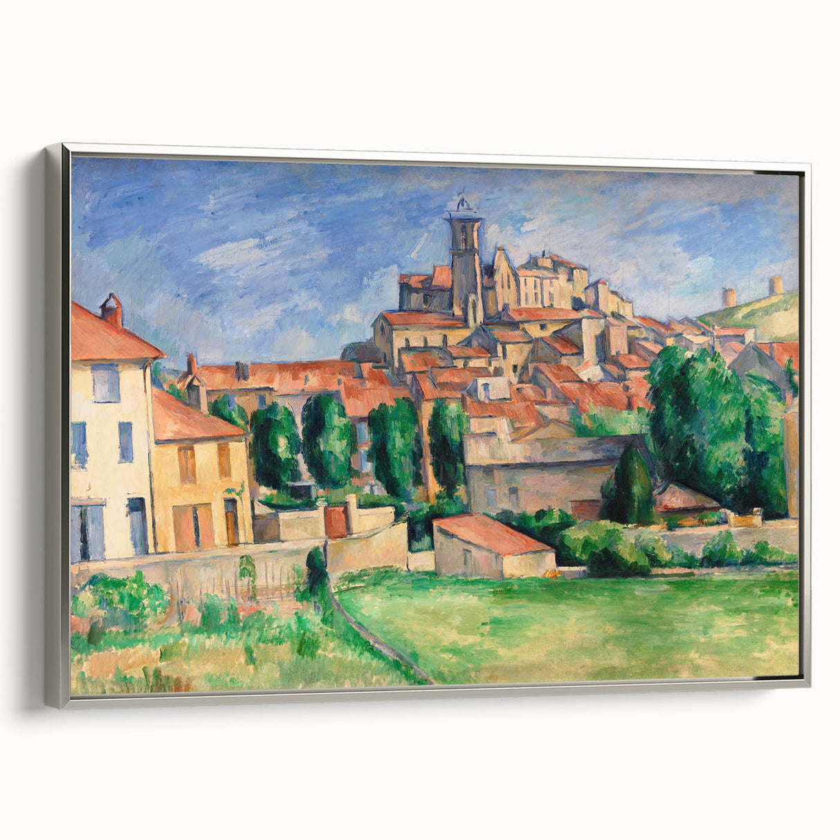 Framed canvas featuring a Paul Cézanne landscape painting with vibrant colors, ideal for adding a vintage touch to any room.
