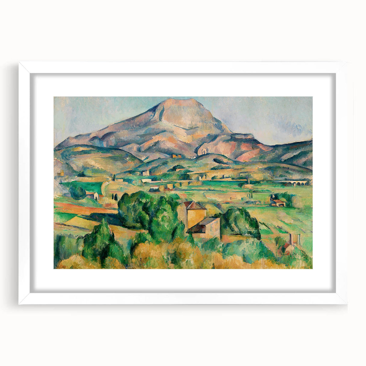 Abstract art print of geometric shapes in cool blue and green tones on a white framed canvas, suitable for dining room decor.