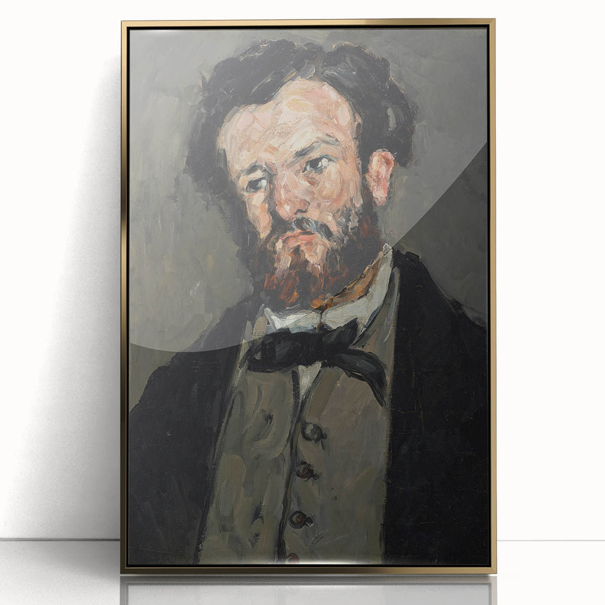 Large art print of Paul Cezanne's work in a gold frame, featuring mid-century modernist style.