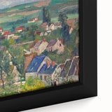 Close-up of a framed canvas featuring a textured, colorful abstract design on black, ideal for living room decor.