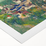 Art deco poster of a Paul Cézanne painting on rolled canvas, featuring muted earth tones, ideal for dining room wall art.