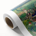 Art deco poster of Paul Cézanne's landscape on rolled canvas, featuring muted earth tones.