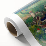 Art deco poster of Paul Cézanne's landscape on rolled canvas, featuring muted earth tones.