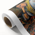 Art deco poster of a Paul Cézanne painting on rolled canvas, featuring muted earth tones, ideal for nursery wall art.