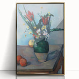 Paul Cézanne's still-life painting on large acrylic print, featuring muted earth tones, framed in gold.