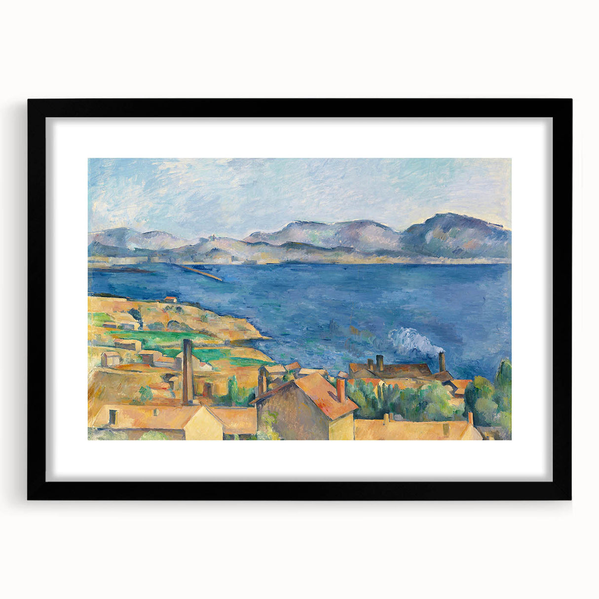 Extra large abstract art print featuring textured, colorful art by Paul Cezanne on a black framed canvas.