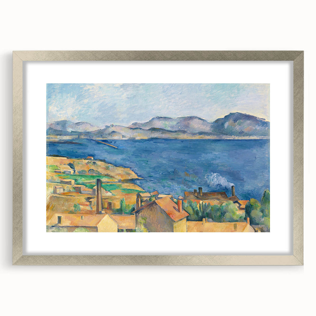 Textured art print of an abstract Paul Cézanne design in muted earth tones on a silver-framed canvas.