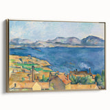 Framed canvas featuring a vintage-style landscape painting by Paul Cézanne, with muted earth tones.