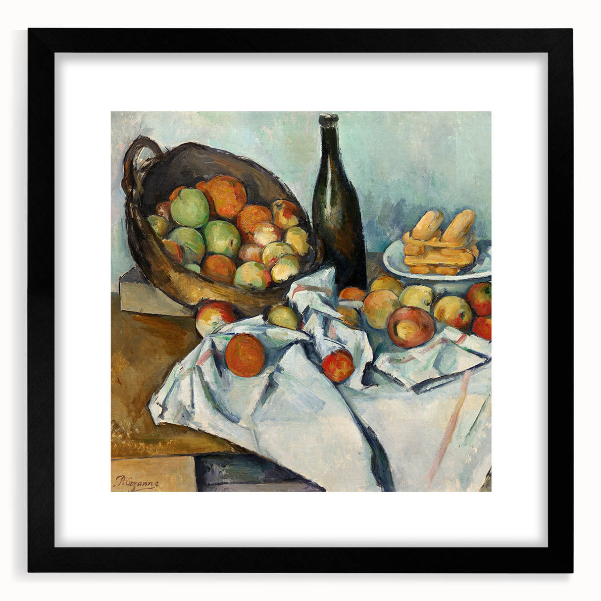 Extra large, textured abstract art print of colorful shapes, in a black frame with mat, suitable for living room decor.