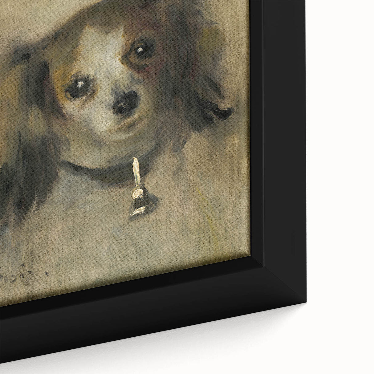 Close-up of a textured Pierre-Auguste Renoir painting on extra large framed canvas, featuring vibrant, colorful strokes.