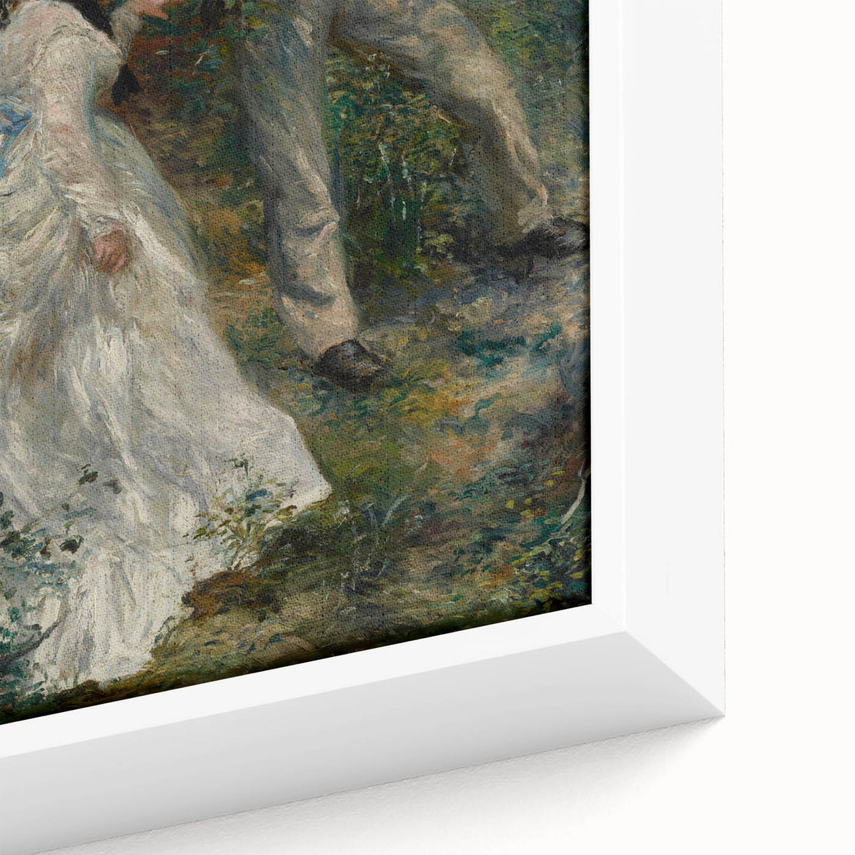 Close-up of a black framed canvas featuring a textured, colorful impressionist painting.