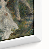Close-up of a black framed canvas featuring a textured, colorful impressionist painting.