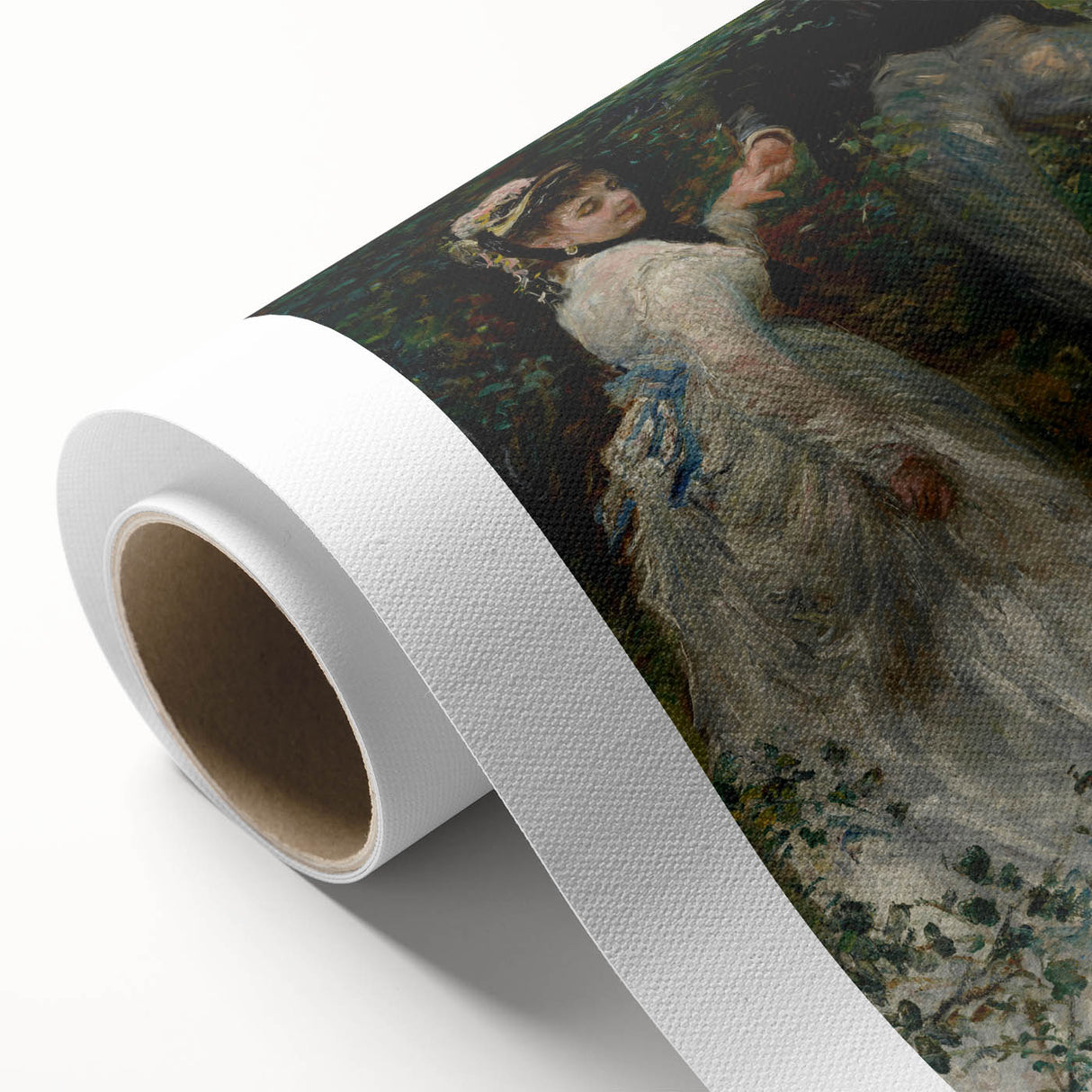 Art Deco style poster of a Pierre-Auguste Renoir painting on rolled canvas, featuring soft pastel shades.