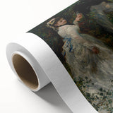 Art Deco style poster of a Pierre-Auguste Renoir painting on rolled canvas, featuring soft pastel shades.