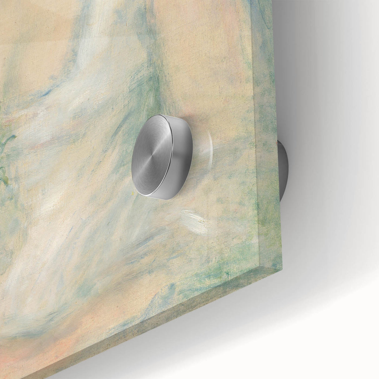 Mid-century modernist art of abstract shapes in muted earth tones on acrylic glass, ideal for dining room art.