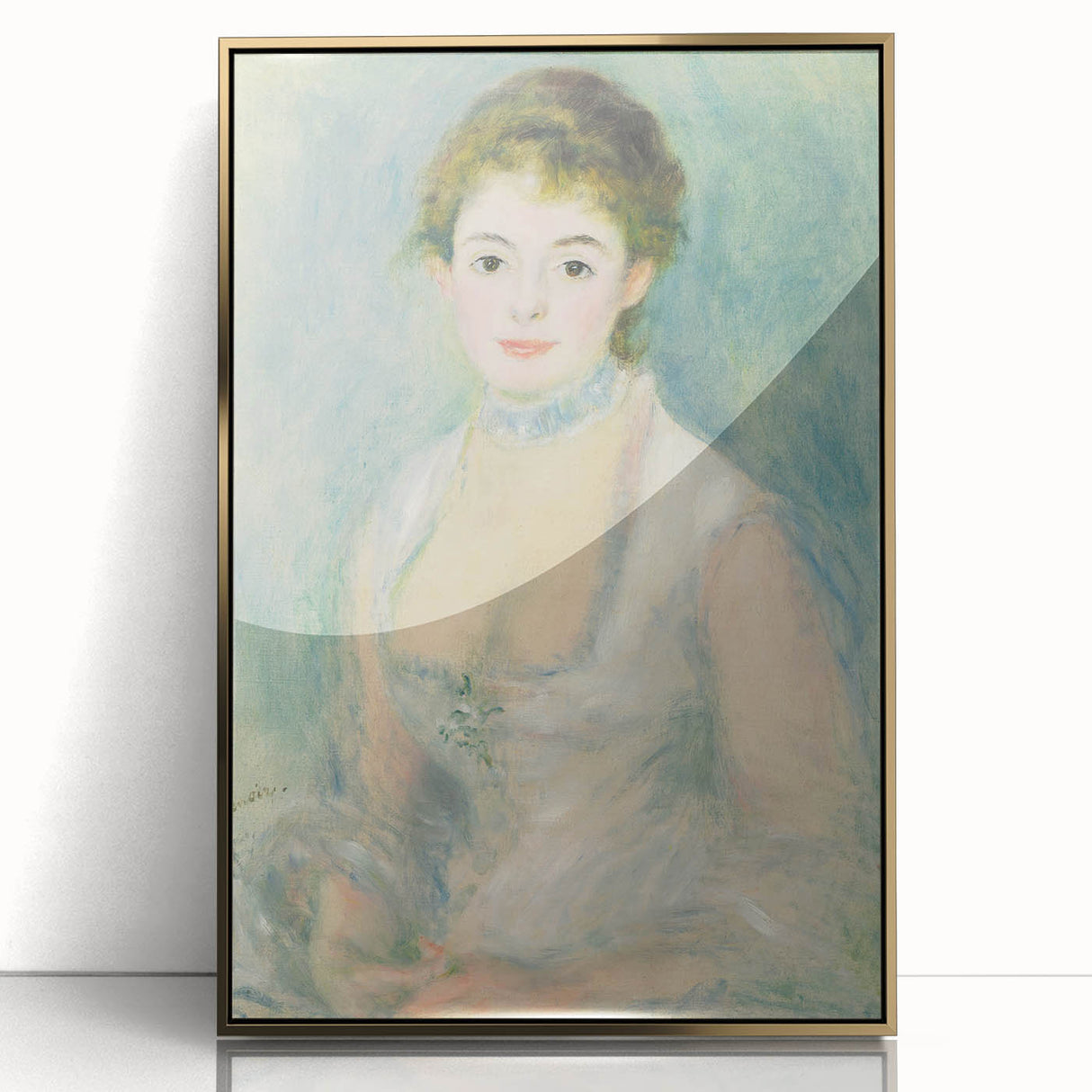 Mid-century modernist art featuring a Renoir painting in a gold frame, ideal for nursery wall art.