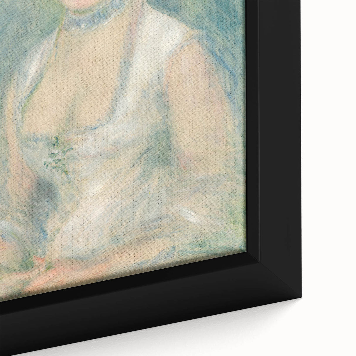 Close-up of a textured Pierre-Auguste Renoir painting on extra large framed canvas, featuring vibrant.