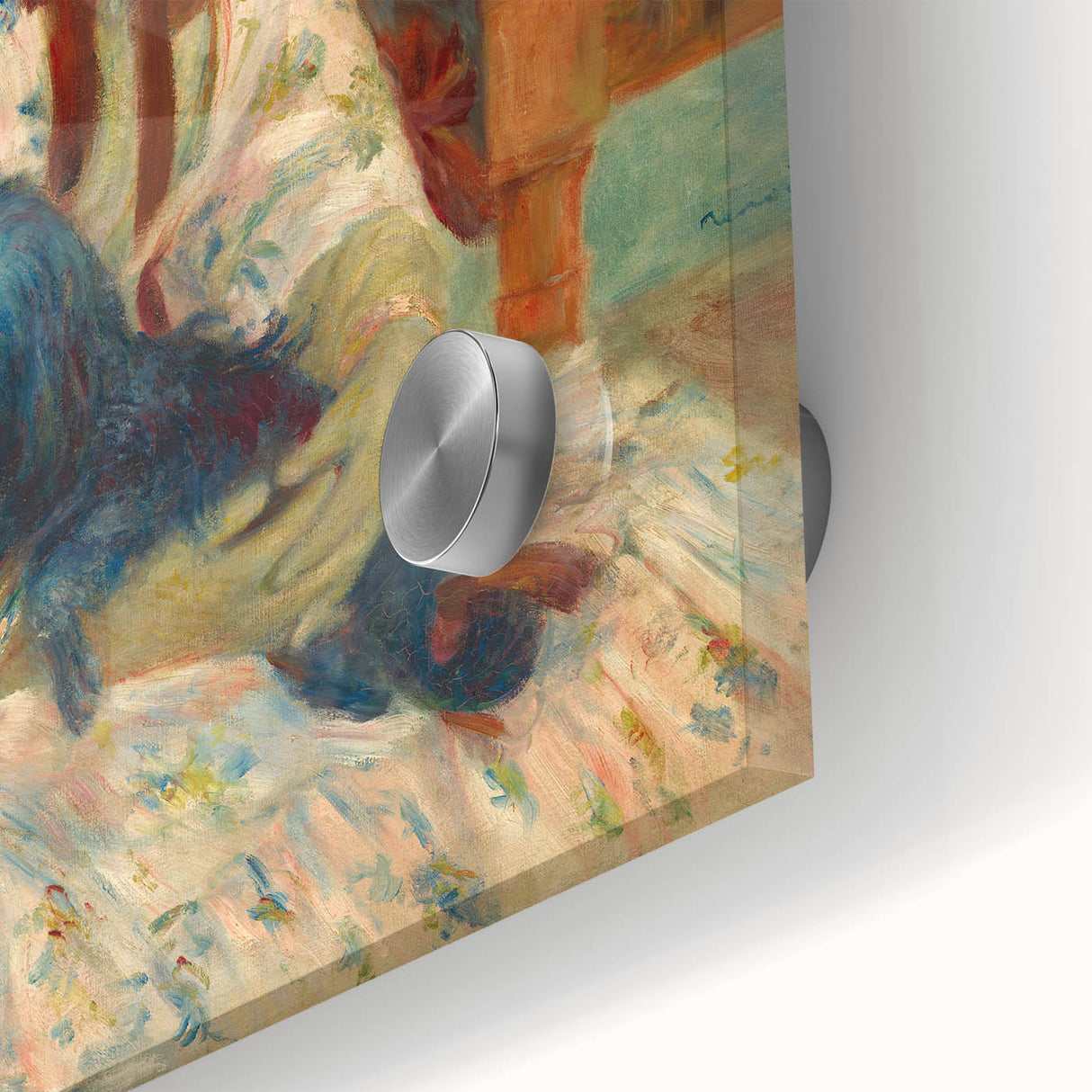 Mid-century modernist acrylic print of abstract shapes in cool blue tones, ideal for dining room art.