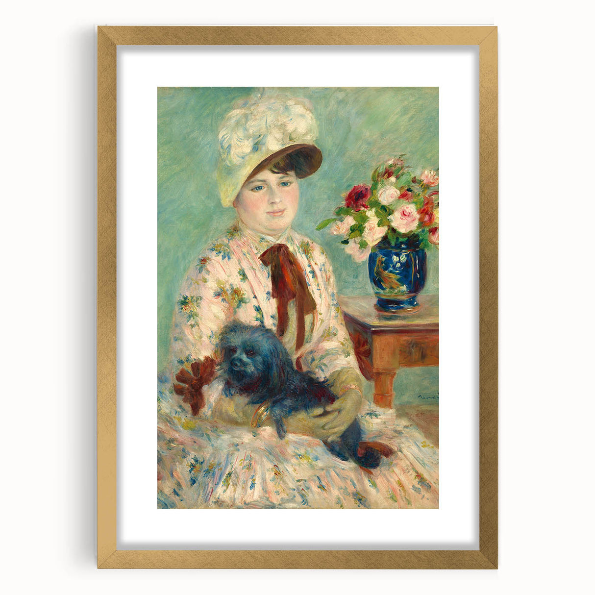 Extra large wall art featuring a textured abstract print of Pierre-Auguste Renoir's impressionist style in a gold frame.