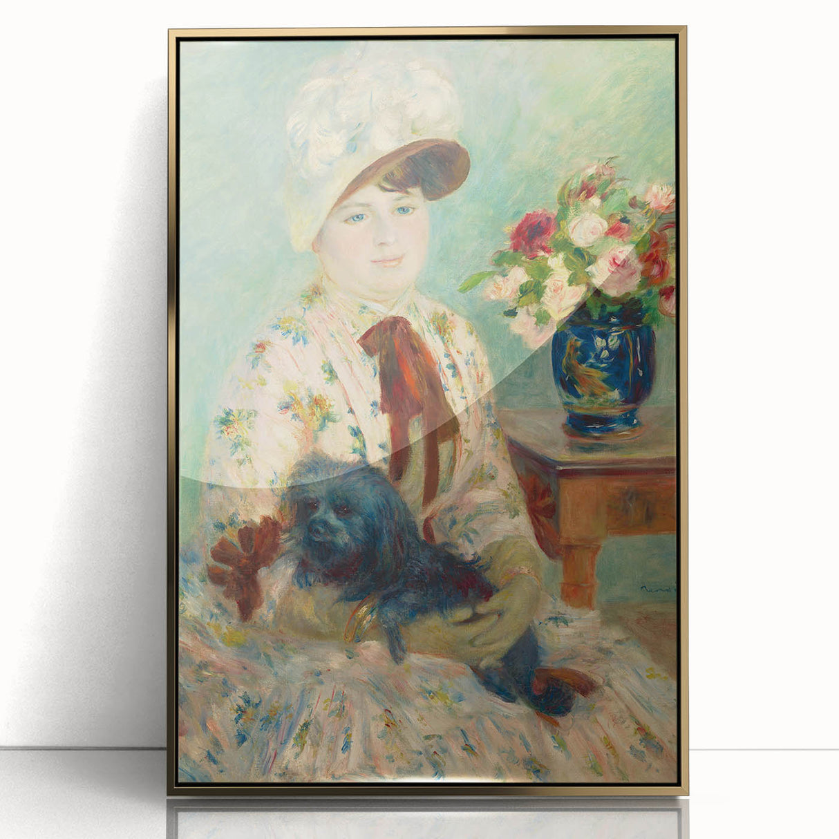 Mid-century modernist art print of a Pierre-Auguste Renoir painting in gold frame, ideal for nursery wall art.