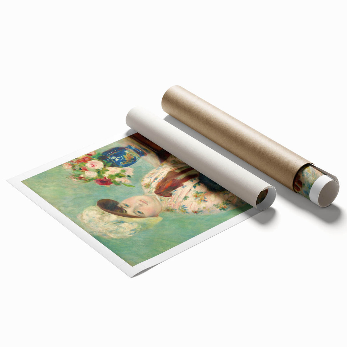 Extra large rolled print of a Pierre-Auguste Renoir floral painting in soft pastel shades.