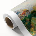 Art Deco style poster of a serene landscape in muted green and blue tones, printed on rolled canvas.