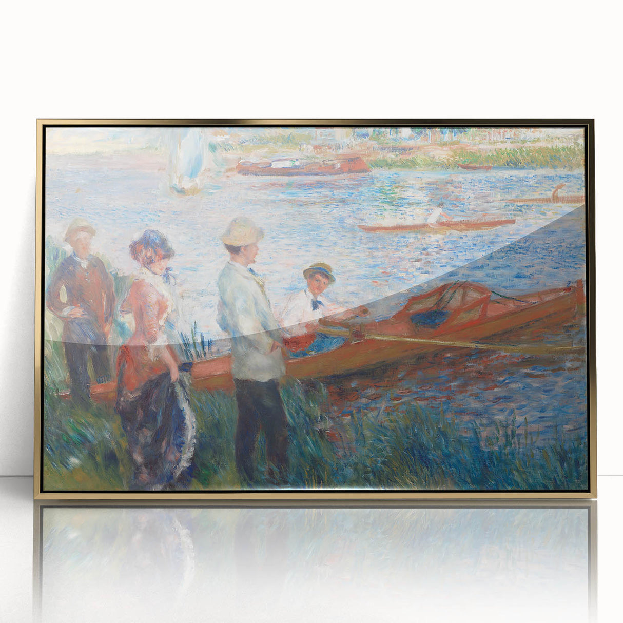 Large art print of a Pierre-Auguste Renoir painting in a gold frame, showcasing mid-century modernist style.