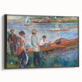 Black and white wall art featuring a vintage poster-style landscape painting on a framed canvas, ideal for bedroom decor.