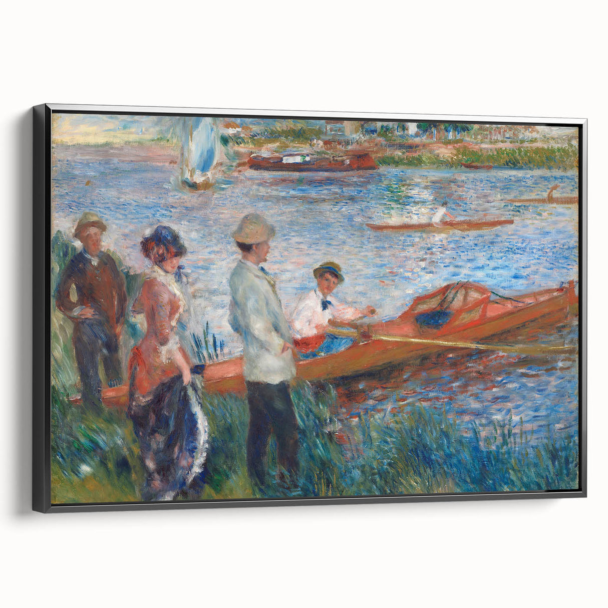 Black and white wall art featuring a vintage poster-style landscape painting on a framed canvas, ideal for bedroom decor.