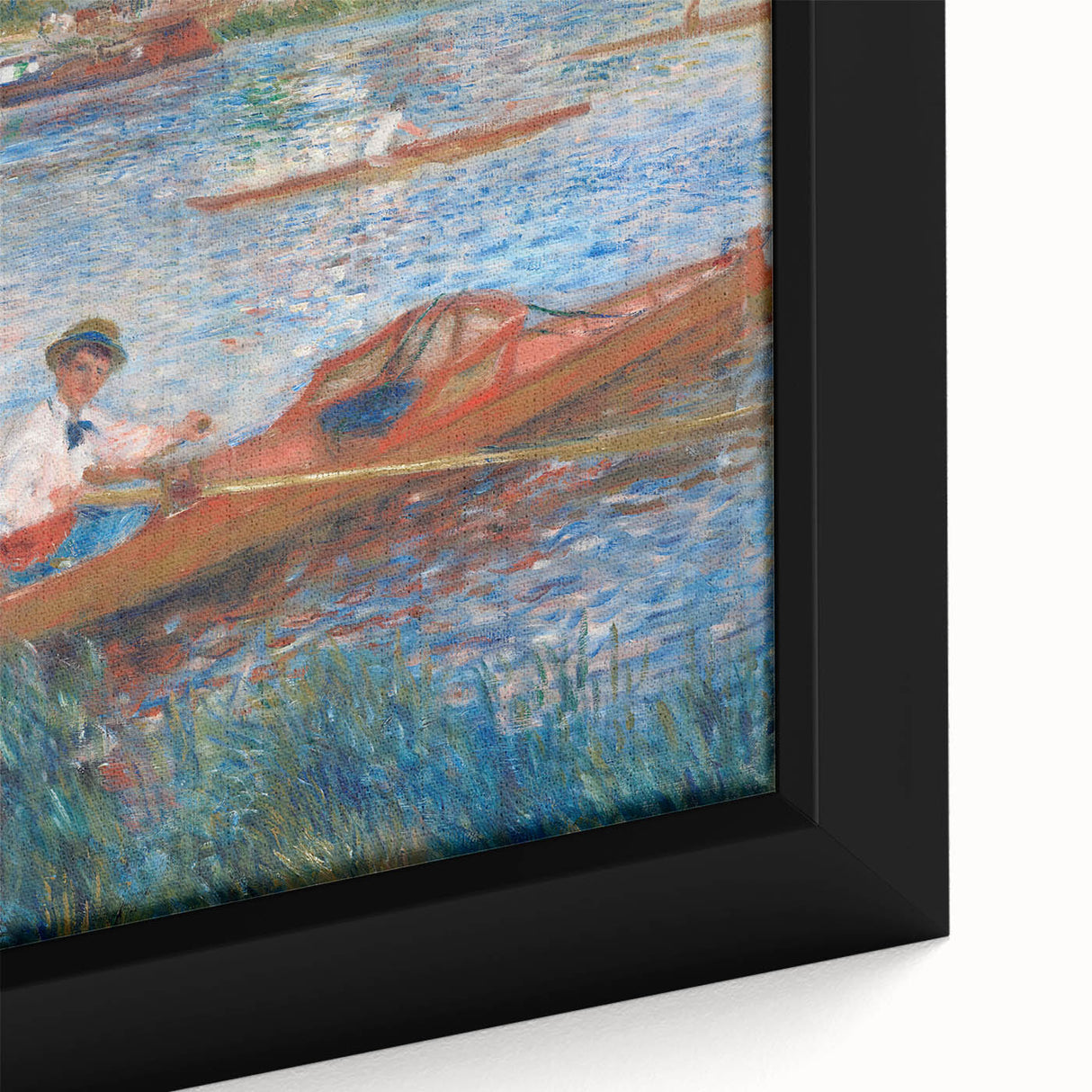 Close-up of a framed canvas featuring textured, colorful art by Pierre-Auguste Renoir, ideal for living room decor.