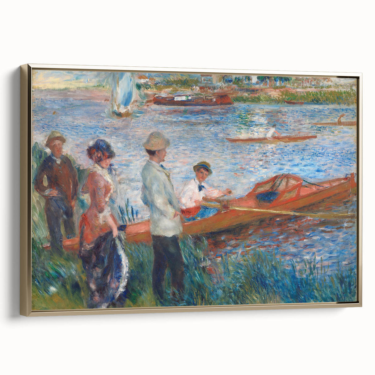 Landscape painting by Pierre-Auguste Renoir featuring a serene river scene, framed in gold, suitable as wall art for bedroom.