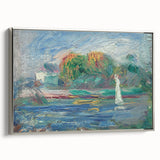 Framed canvas of a Pierre-Auguste Renoir landscape painting with colorful foliage and a river, ideal for living room decor.