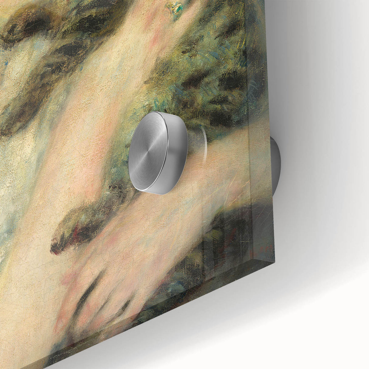 Mid-century modernist art print of abstract shapes in muted earth tones on acrylic glass, ideal for dining room art.