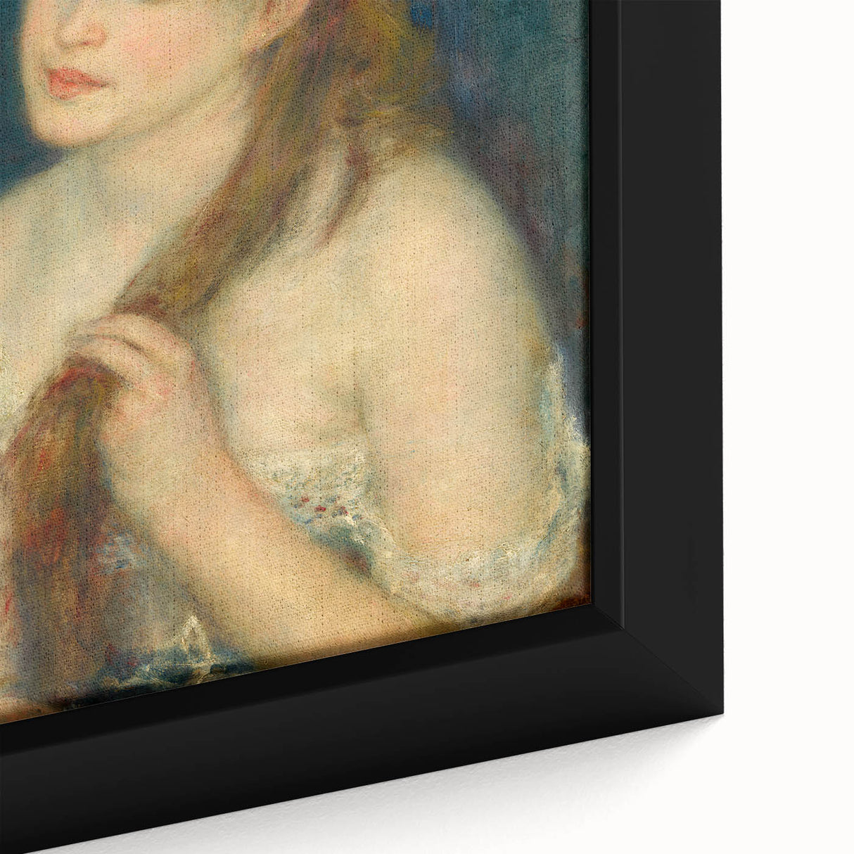 Close-up of a framed canvas featuring a textured, colorful art piece by Pierre-Auguste Renoir, ideal for living room decor.