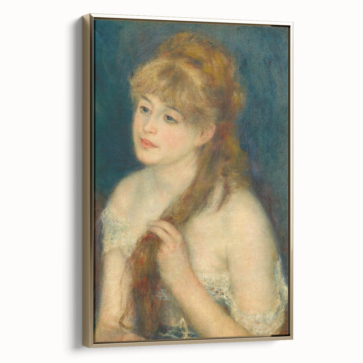 Framed canvas of a vintage Pierre-Auguste Renoir landscape painting in muted gold, ideal for bedroom wall art.