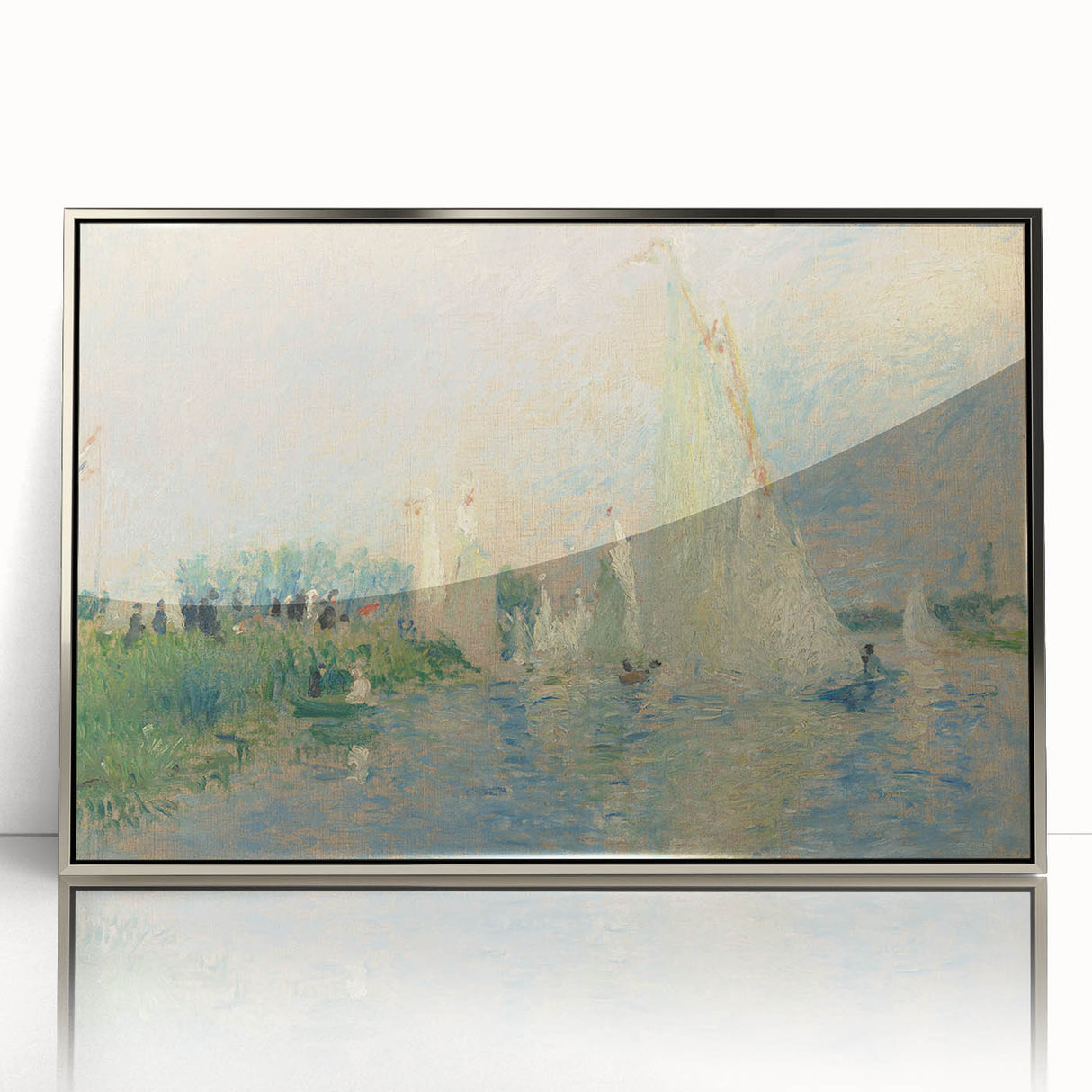 Mid-century modernist art by Pierre-Auguste Renoir featuring soft pastel tones on a framed silver acrylic.